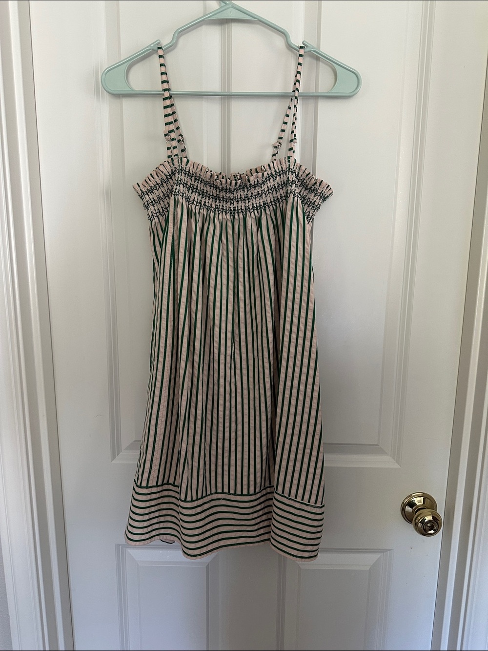 vestique Green & Cream Striped Smocked minidress